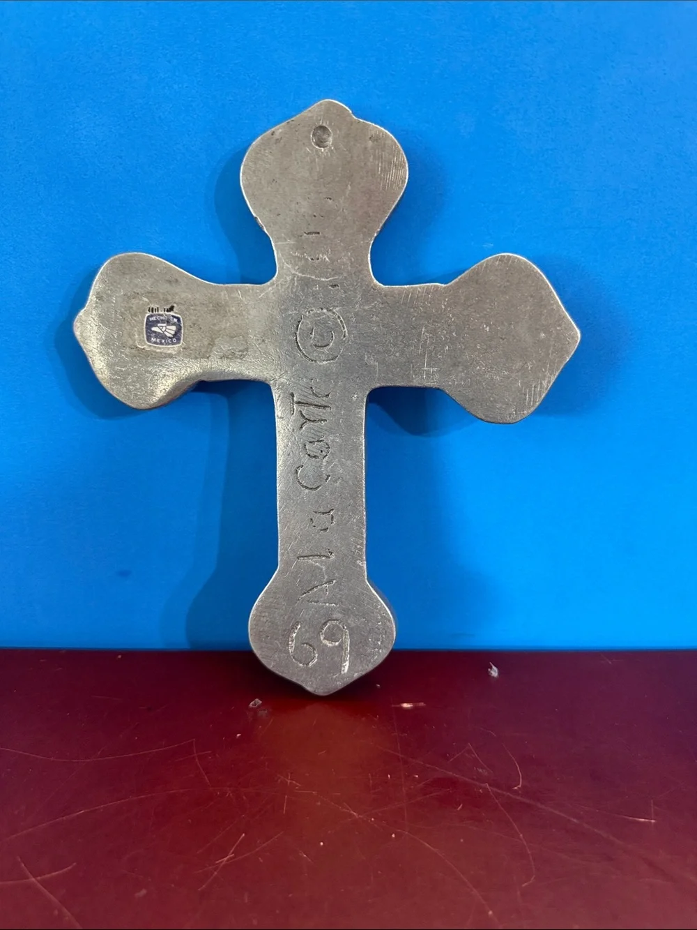 Vintage Cross Signed A La Carte Silver Tone Metal Pewter Mexican Folk Art #69